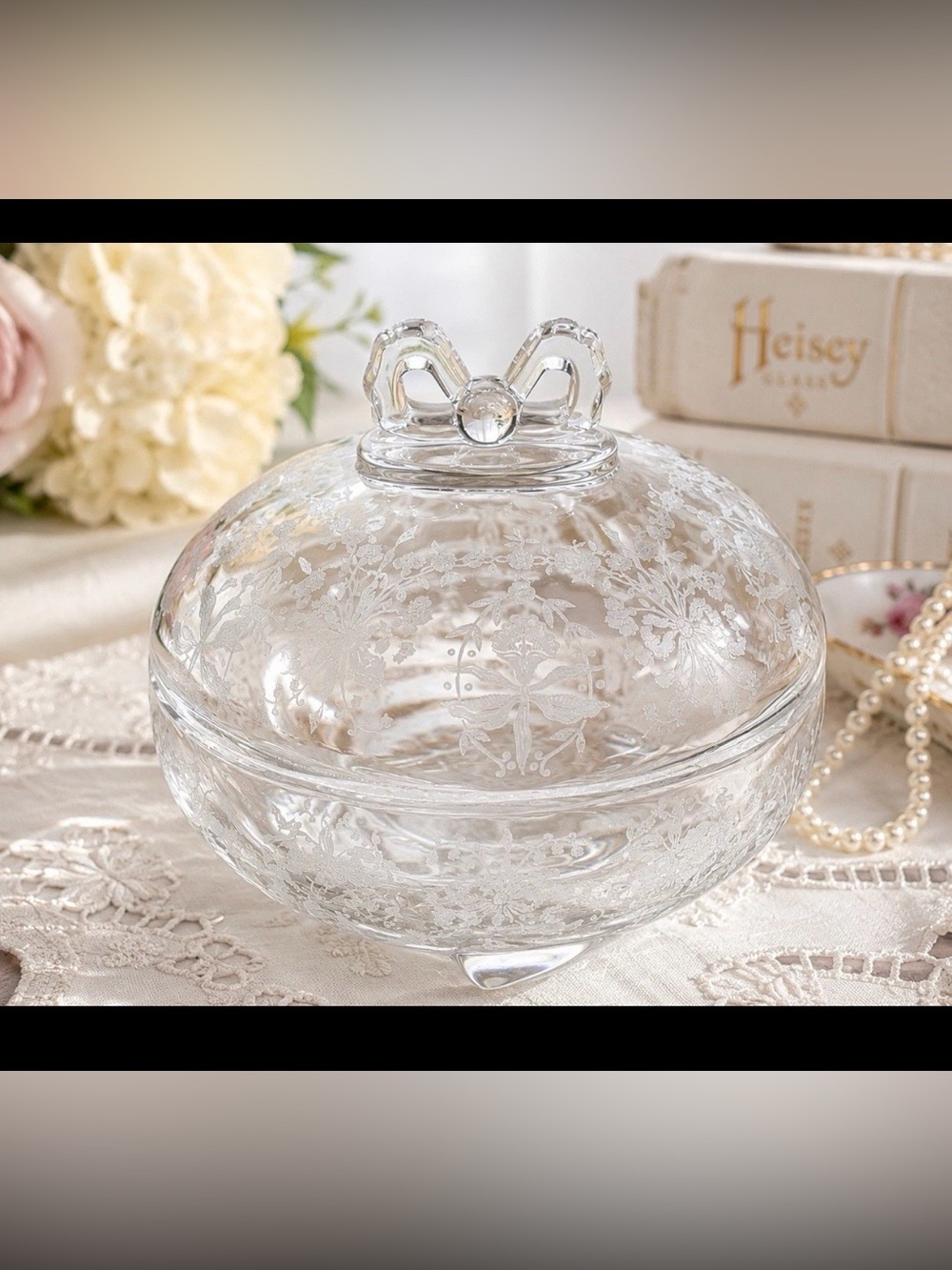 Heisey Crystal Orchid Waverly Bow Finial Covered Candy Dish Diamond H Floral Vtg